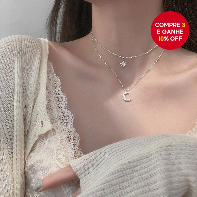 Colar De Lua Estrela De Prata Para Mulheres – Corrente De Clavícula De Camada Dupla Com Pingente De Brilho Moderno