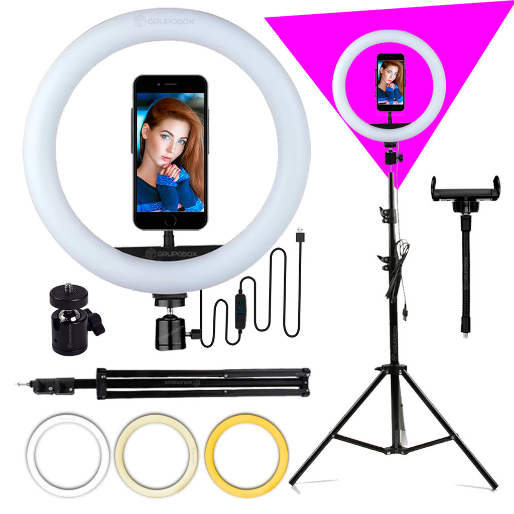 Ring Light Iluminador 10 Polegadas com Tripé 2.10 Metro LED para Celular Iluminação Profissional em Oferta na Shopee