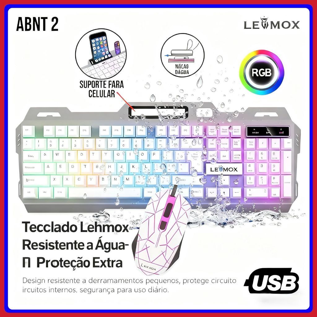 Kit Teclado e Mouse Semi-Mecânico Metal Gamer Lehmox RGB ABNT2  Mouse 1600 DPI Plug and Play