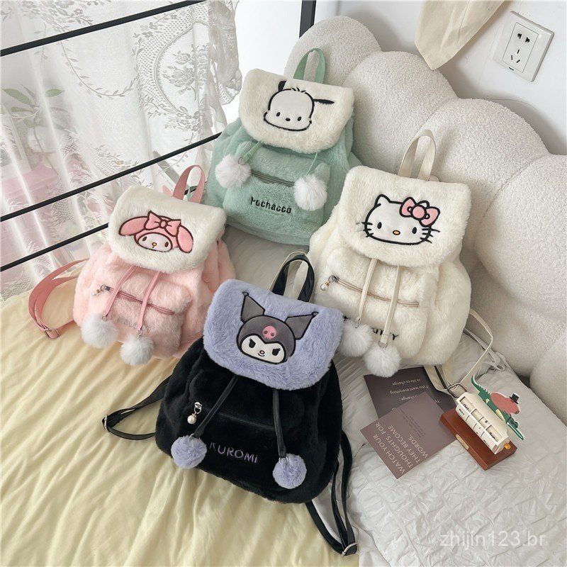 Mochila de pelúcia Sanrio Hello Kitty Black My Melody, bolsa escolar kawaii, bolsa de ombro, moda feminina