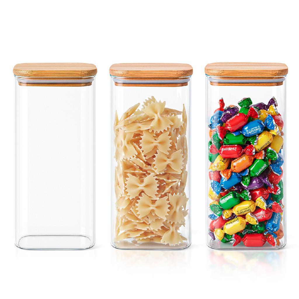 Kit 3 Potes Vidro Bambu Hermético 1,6L Quadrado Grande alimentos mantimentos decoração Organização