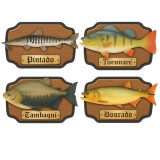Kit 4 Placas Peixes Pintado, Tucunaré, Tambaqui e Dourado