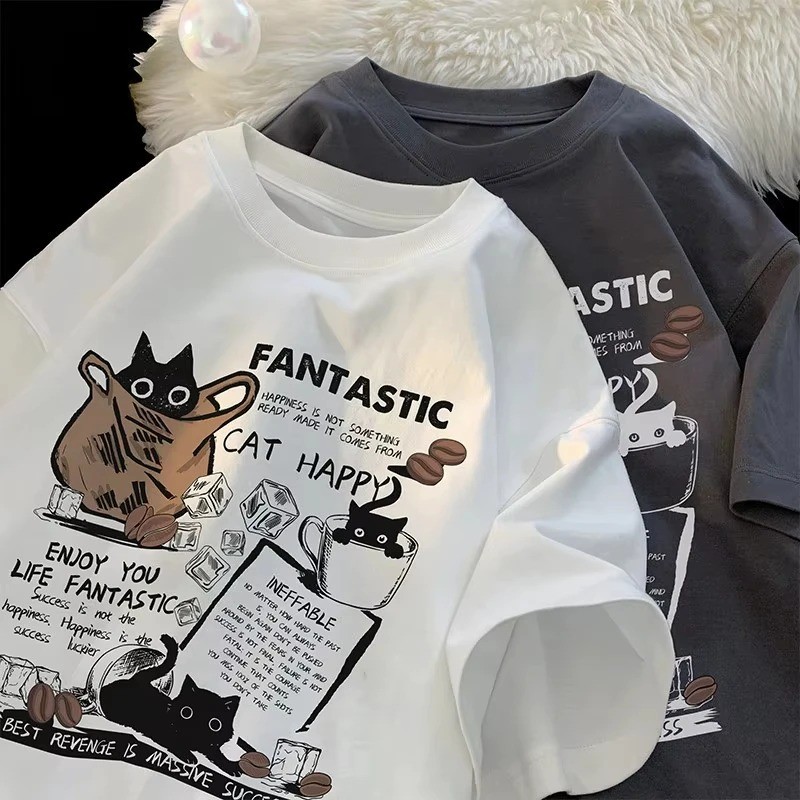 Tshirt Feminina Gato Sacola Estampada Lançamento Camiseta 100% Algodão Camisetão Camisa Oversized Plus - Camisarte