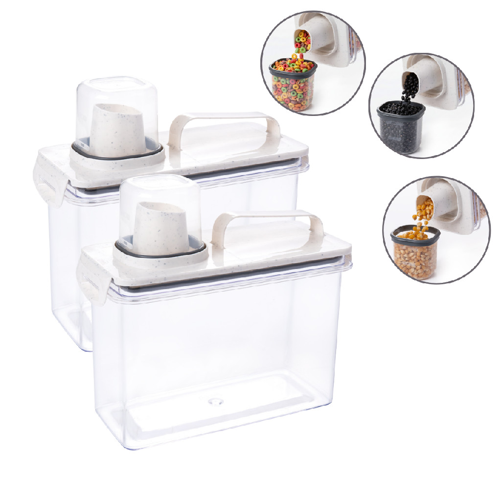 Kit 2 Dispenser Organizador Hermético 1,9L com Trava Dosador para Cereais Ração Mantimentos Sabão em Pó Cozinha Despensa