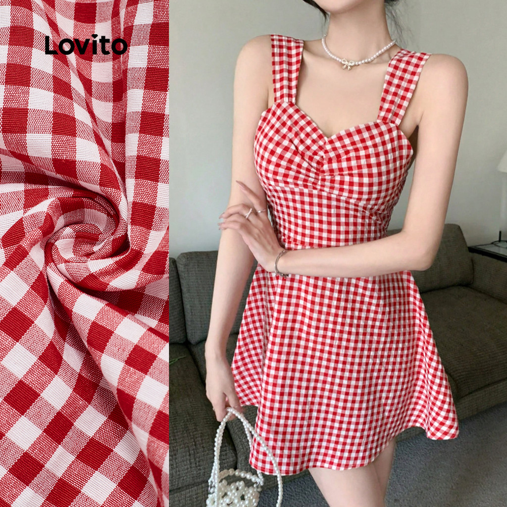 Lovito Vestido Elegante Confortável e Elegante Vestido Vermelho de Primavera/verão com franzido L158ED955