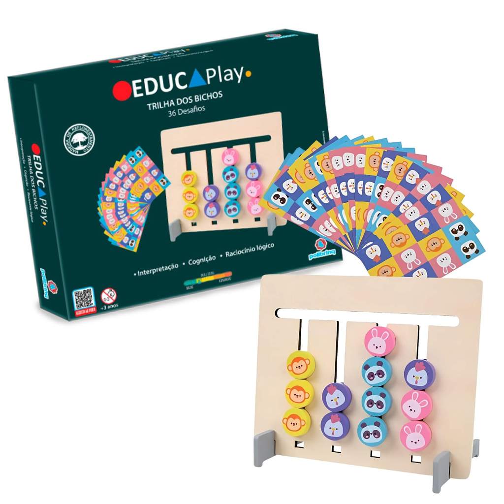 Brinquedo Educativo de Madeira Trilha dos Bichos com 36 desafios Polibrinq - BDM24 em Oferta na Shopee