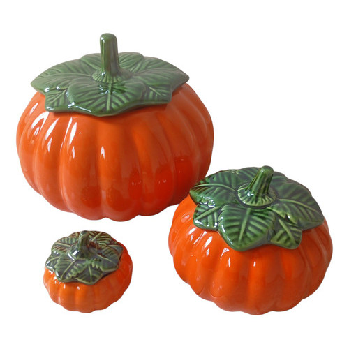 Kit 3 Molheira Moranga G+m+p Com Tampa Cerâmica Para Molhos Laranja