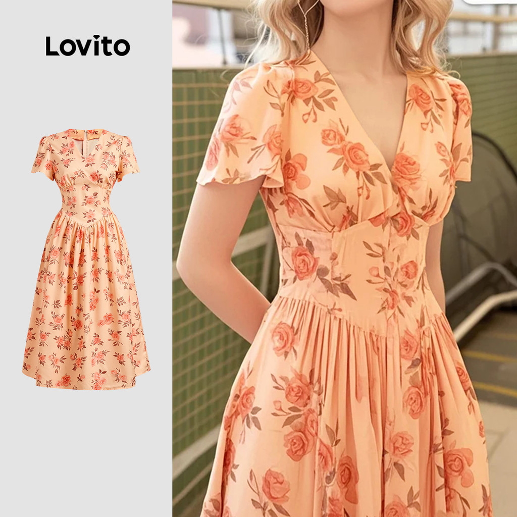 Lovito Vestido Casual com Zíper e Franzido para Primavera/verão para mulheres LBL26150