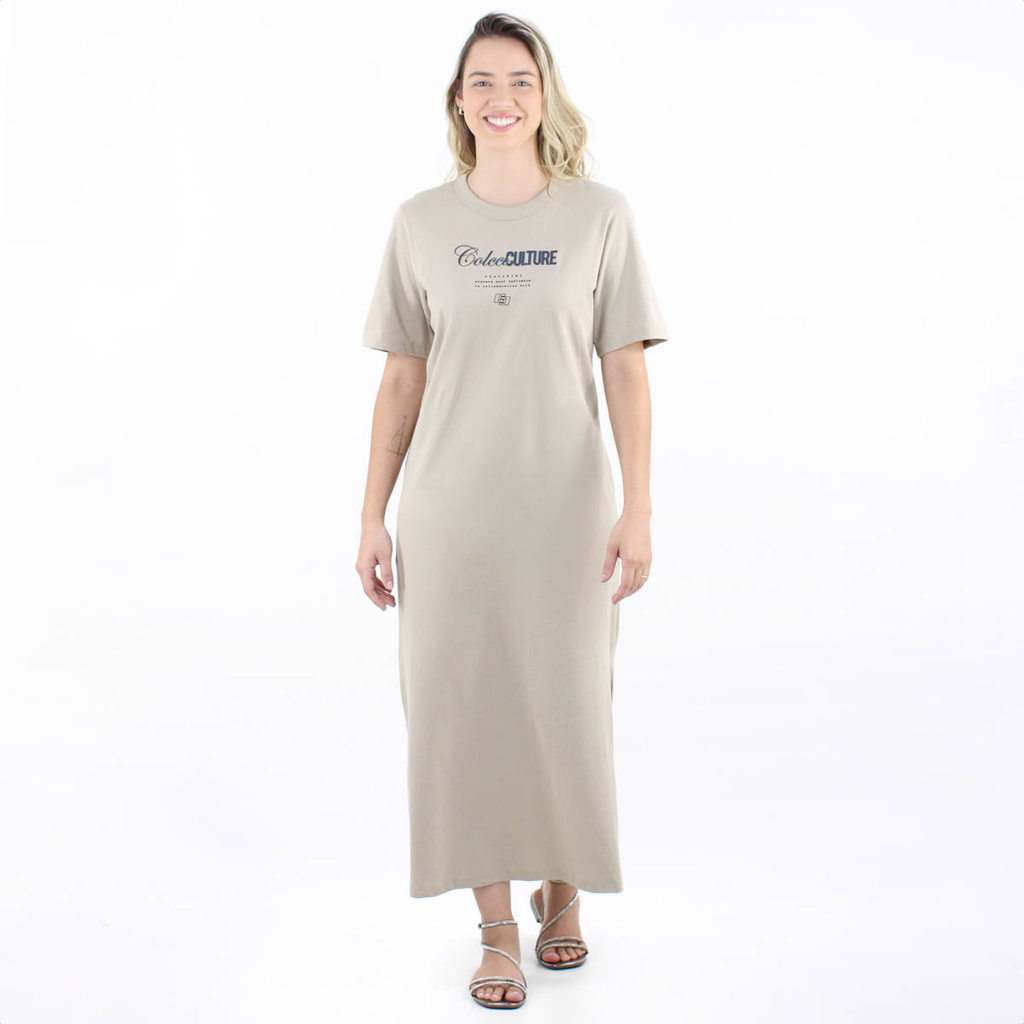 Vestido Colcci T Shirt Midi Com Estampa Frontal Bege - Feminino