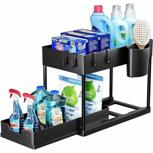 Organizador Multiuso 2 Níveis Com Bandeja Corrediça Preto Compacto Prático Para Casa Escritório