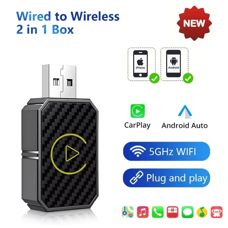 Adaptador Sem Fio CarPlay Android Auto 2025 USB Plug & Play IOS/De Alta Velocidade em Oferta na Shopee