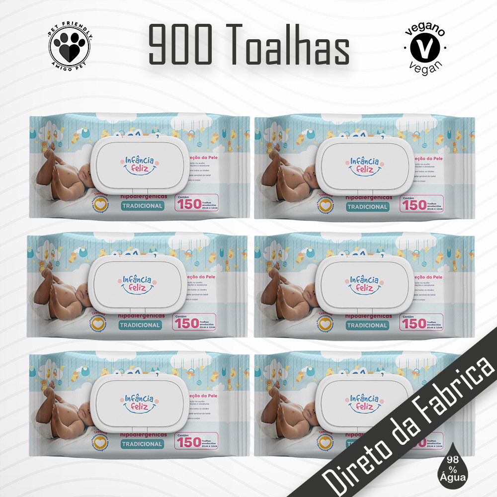 Kit 06 Pacotes Toalhas Umedecidas INFÂNCIA FELIZ - 150 folhas - Produto 100% Vegano