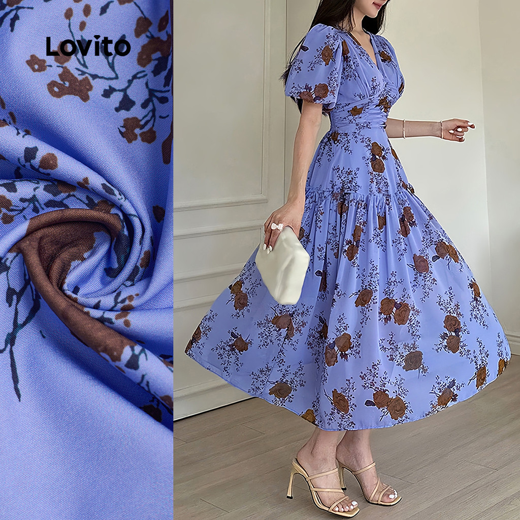 Lovito Vestido Elegante Pregueado com Toque Suave Vestido para Todas As Estações para Mulheres LBL26021 em Oferta na Shopee