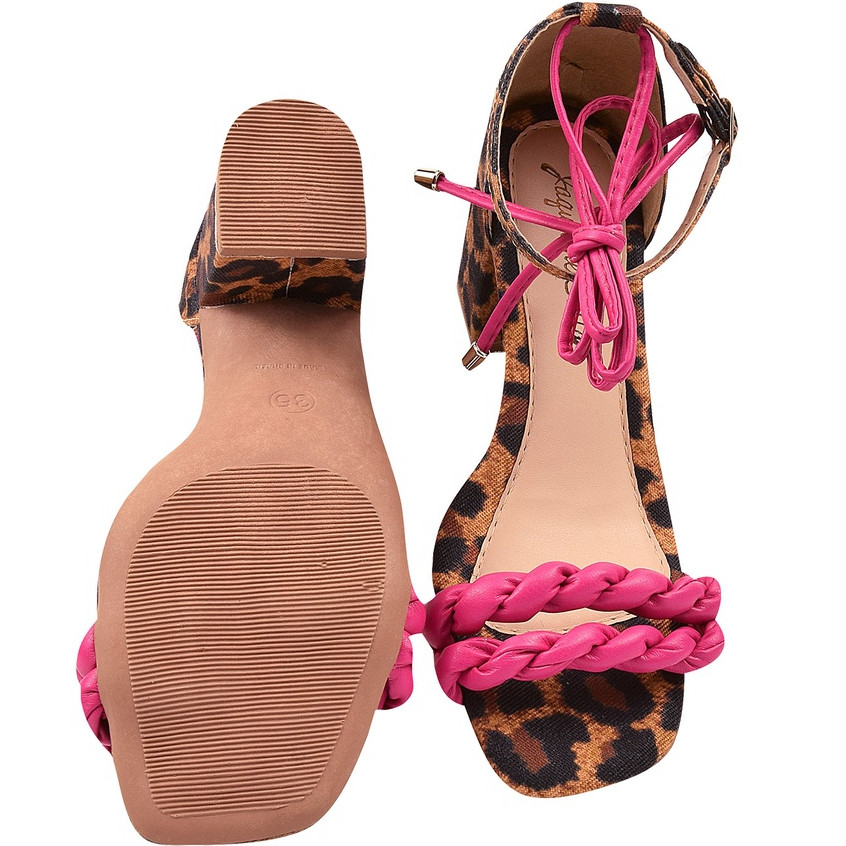 Sandália Feminina Salto Bloco Amarração Animal Print Onça Confortável Tendência Casual Hope Shoes