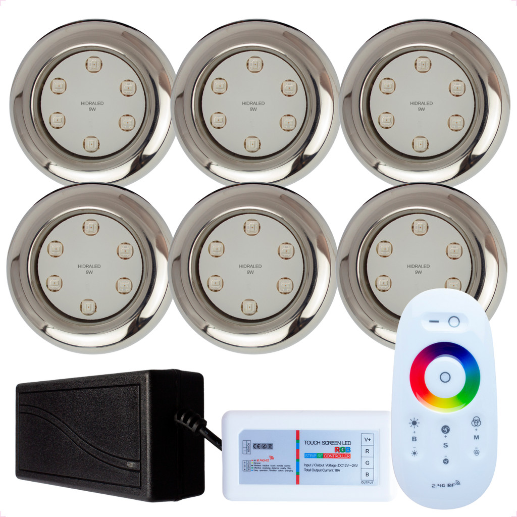 Kit 6 Refletores Led 9w RGB Inox S e Comando para Iluminação Piscina