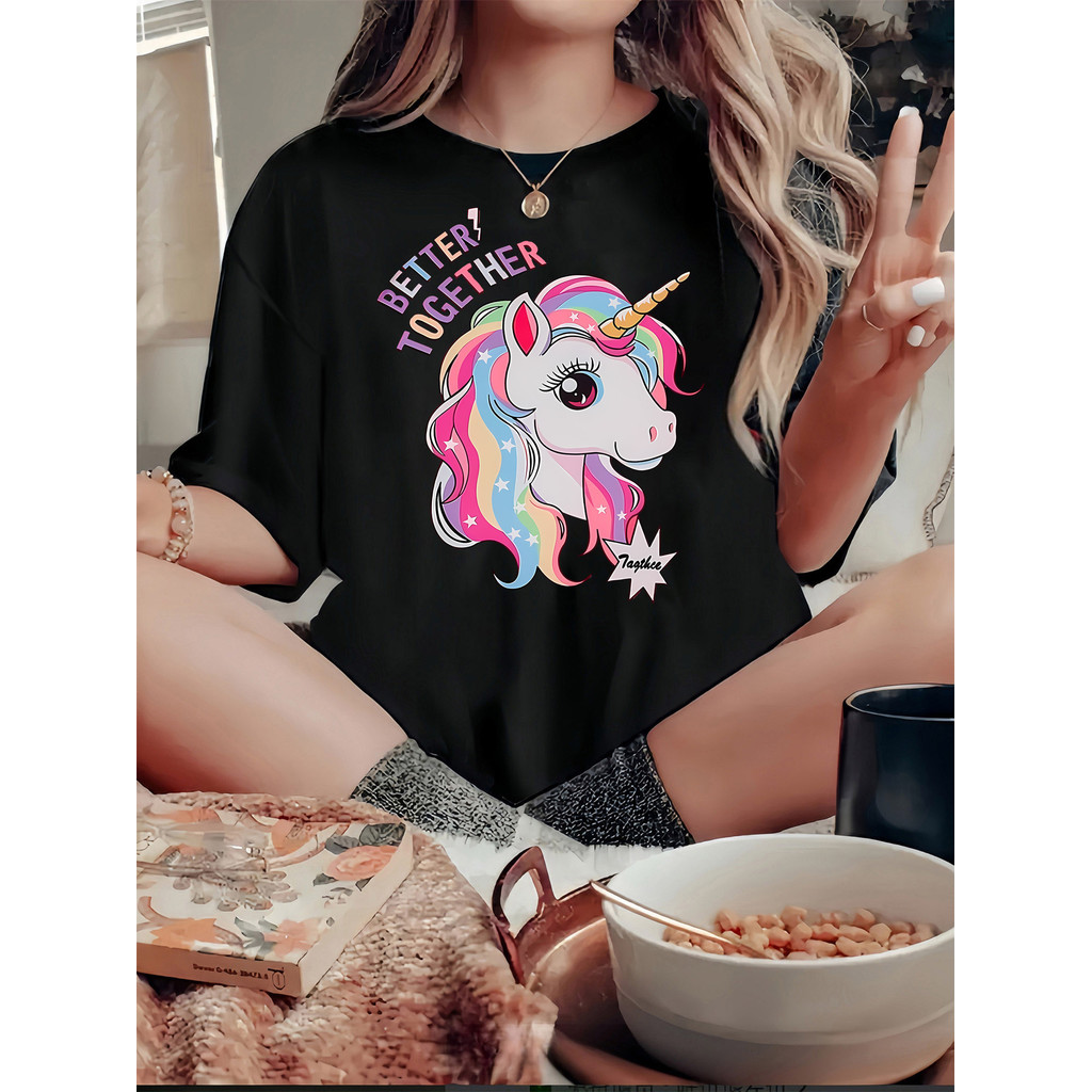 BR Moonlight Camiseta Feminina Unicornio Arco Iris Animais Estampada Confortavel Fofa Divertida Casual