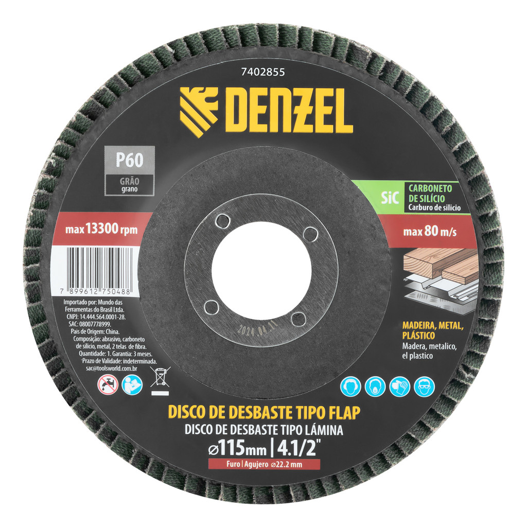 DISCO DE DESBASTE TIPO FLAP, CARBONETO DE SILICIO, GRAO 60, 115 X 22,2 MM, 1PCS// DENZEL em Oferta na Shopee