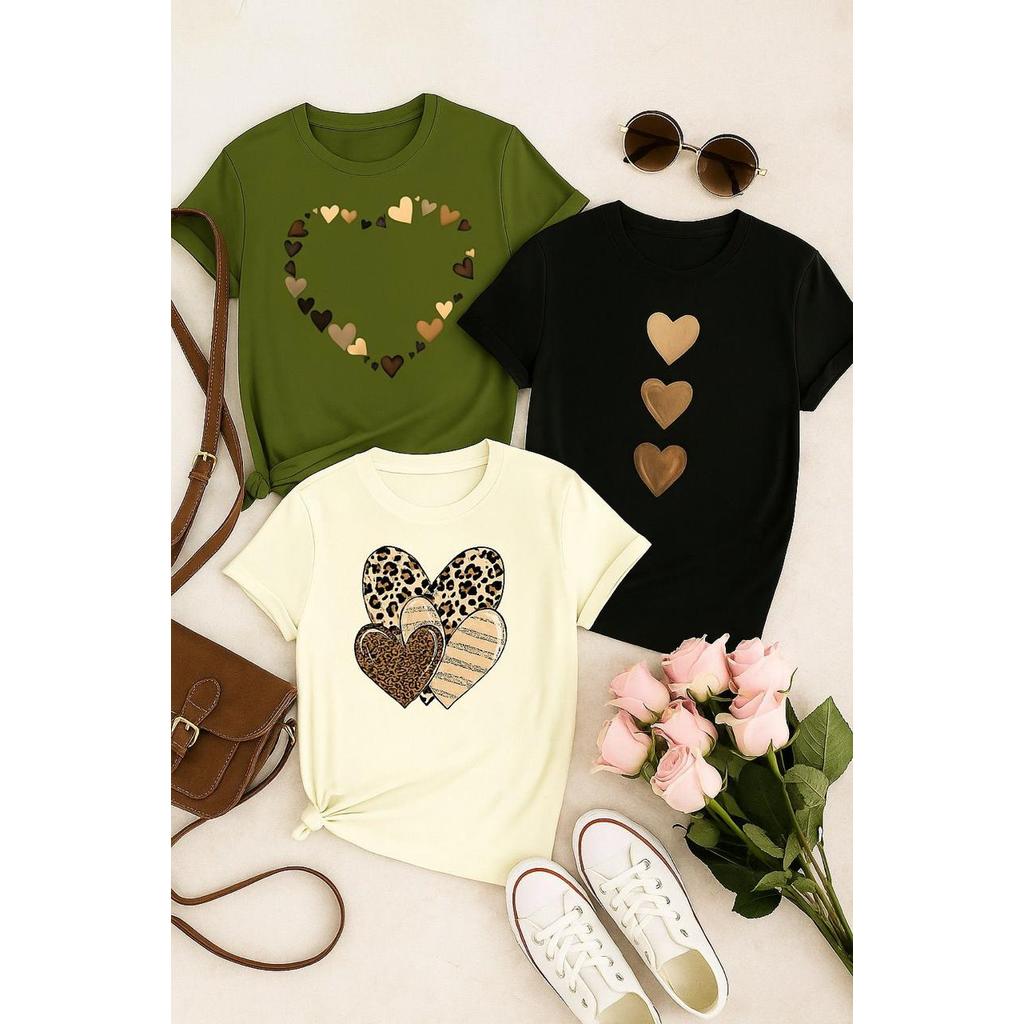 Kit 3 Blusas Femininas 100% Algodão – Confortáveis, Macias, Estampas de Coração, Casual e Moderna em Oferta na Shopee