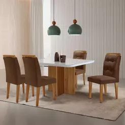 Mesa De Jantar Olímpia 90cm Mdf Vidro 4 Cadeiras Carol Veludo Marrom/off White/imbuia