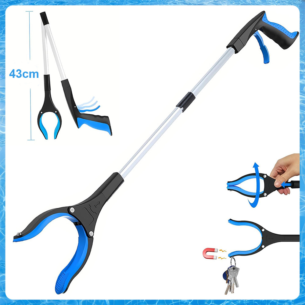 Pegador de Alcance Dobrável 83cm Azul para Idosos – Garra Mão Mecânica, Fácil Coleta de Lixo, Cabeça Rotativa 360°