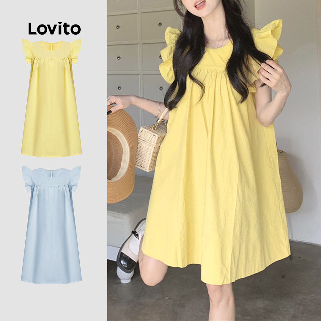 Lovito Vestido Casual Com Babados Drapeado Vestido De Verão/Primavera Para Mulheres L177AD076 em Oferta na Shopee