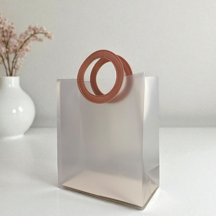 Sacola Transparente Fosca PVC com Alça Redonda de Couro Rosa - 32x26x11cm - 1 uni. - Rizzo