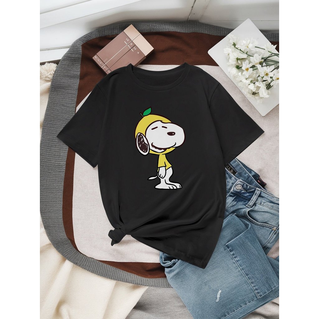 BR Moonlight Camiseta Feminina Cachorro Cartoon Fofo Preto Estilosa Confortável Divertida Moda Casual