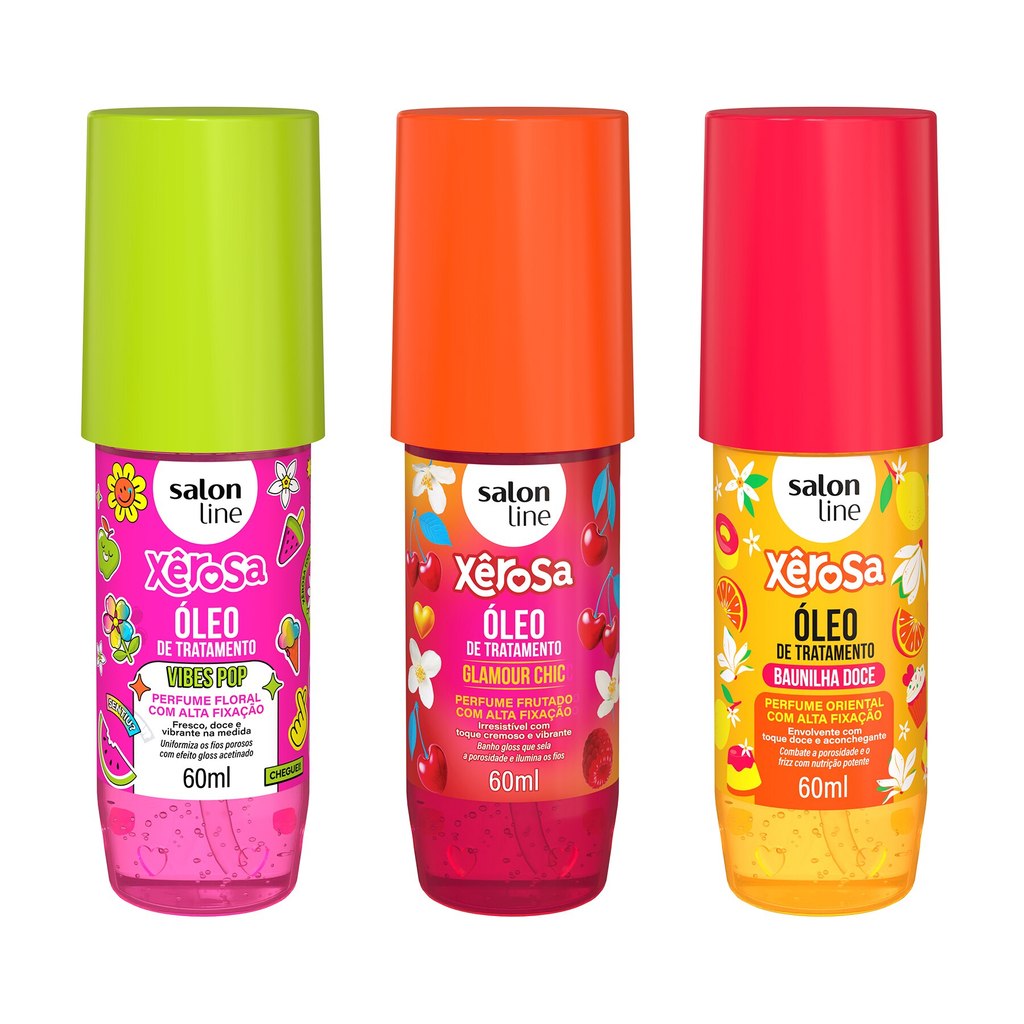 Kit com 3 Óleos de Tratamento Xêrosa Baunilha Doce, Glamour Chic e Vibes Pop em Oferta na Shopee