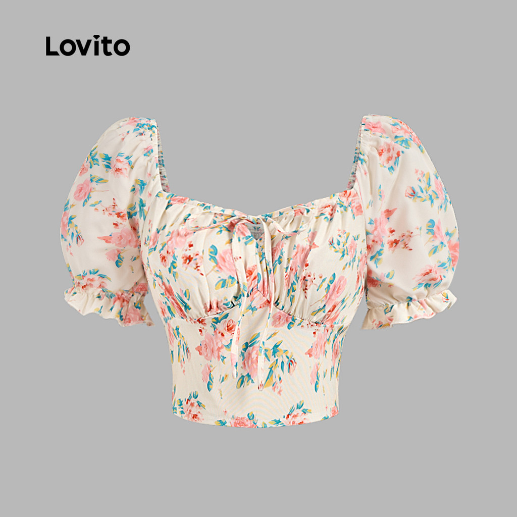 Detalhes do Lovito Blusa Elegante Floral Com Cordão Blusa De Verão Feminina L128ED497