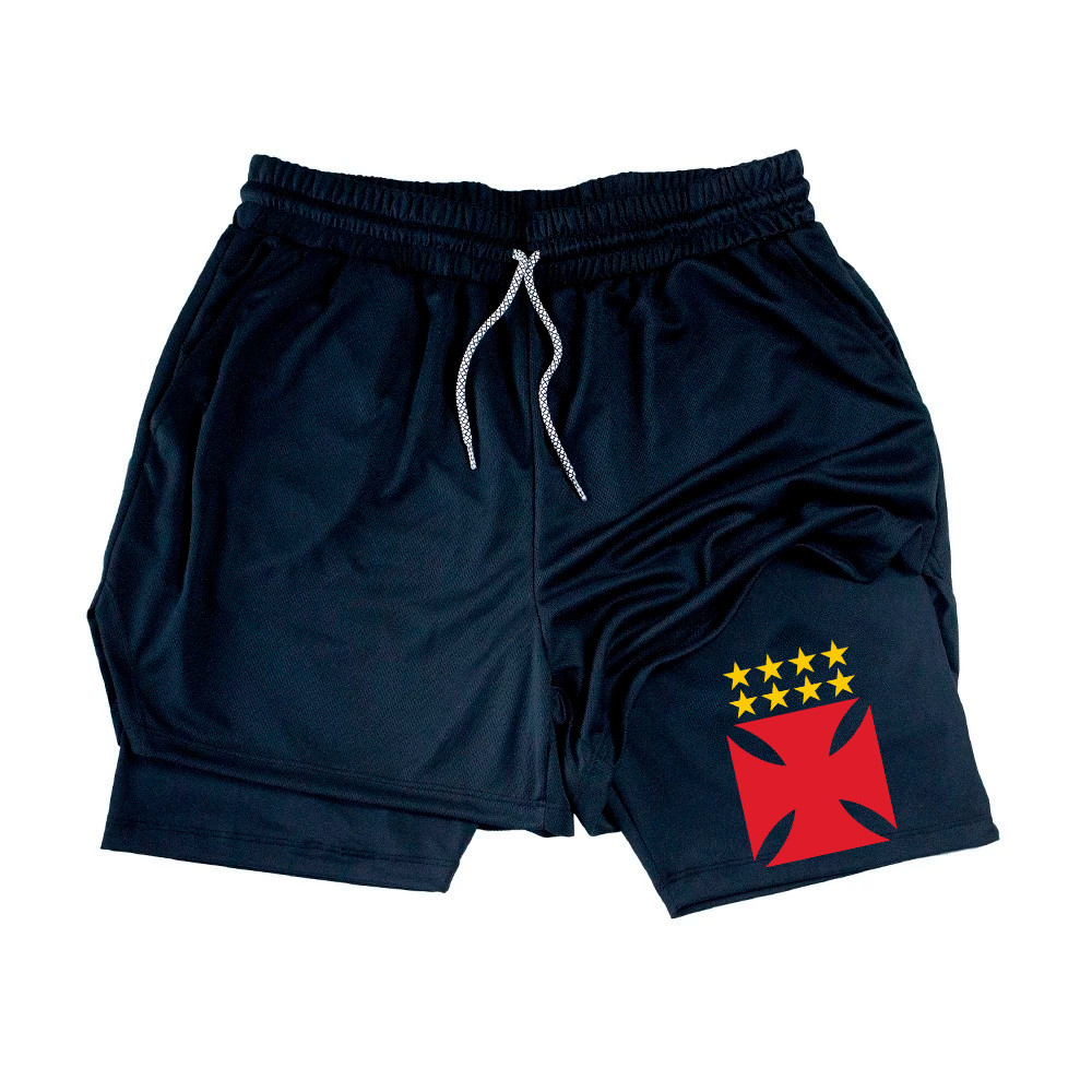 Short de Compressão 2 em 1 Academia Treino Personalizado time vasco futebol bermuda Fitness Musculação unissex