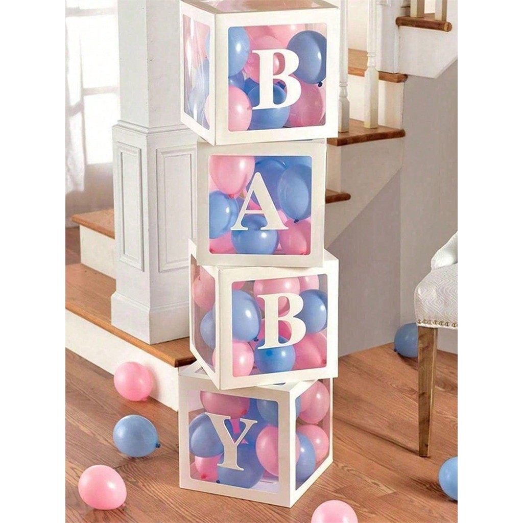Kit 4 Cubos Caixa Transparente Baby 30cm Chá Revelação Decoração Balão Cores Azul, Branco, Ouro , Prata, Rosa