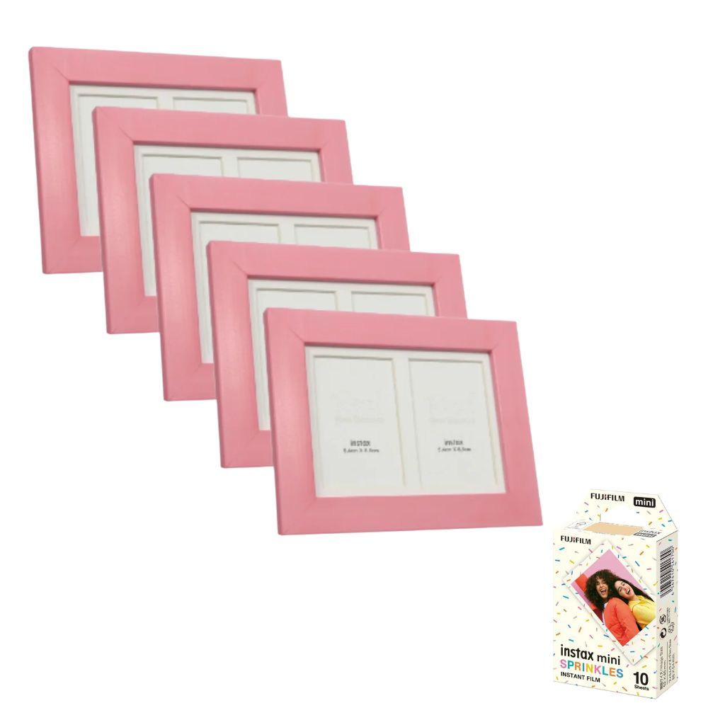 Kit 10 Filmes Instax Mini Sprinkles + 5 Porta Retrato Rosa