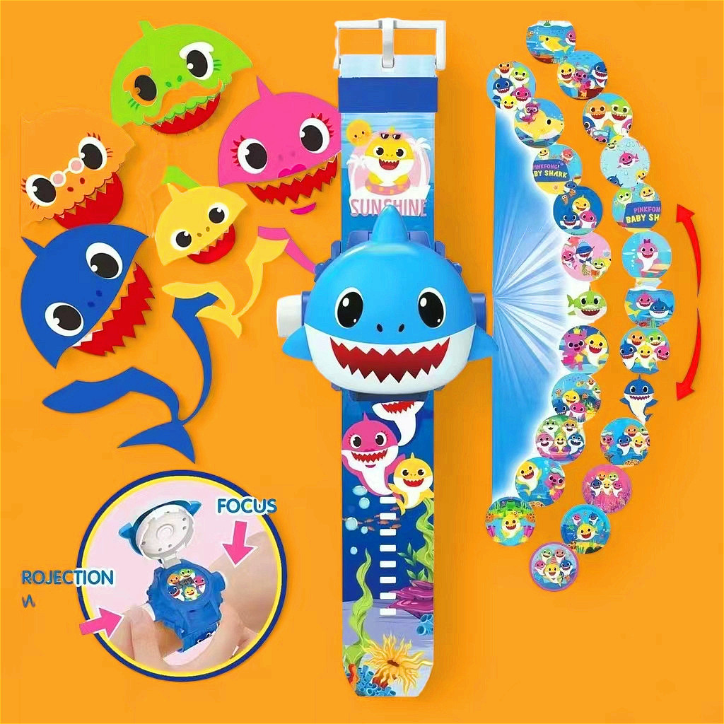 Relógio Infantil tubarão Baby Shark com Projetor de Imagem Relógio Digital para Crianças, Brinquedo Educativo minnie