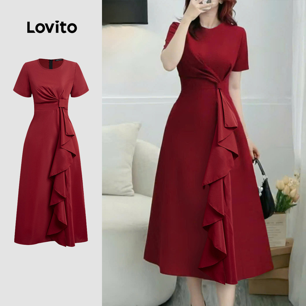 Lovito Vestido Elegante com Babados Pregas Primavera/verão Vestido Claret para Mulheres L158ED1658 em Oferta na Shopee