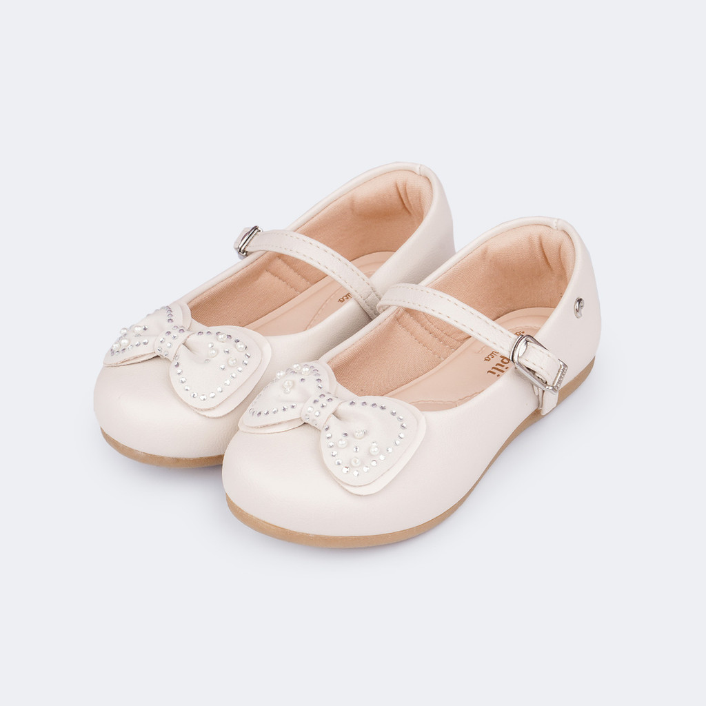 Sapato Infantil Feminino Mini Angel Duplo Laço Nude Verniz Pampili
