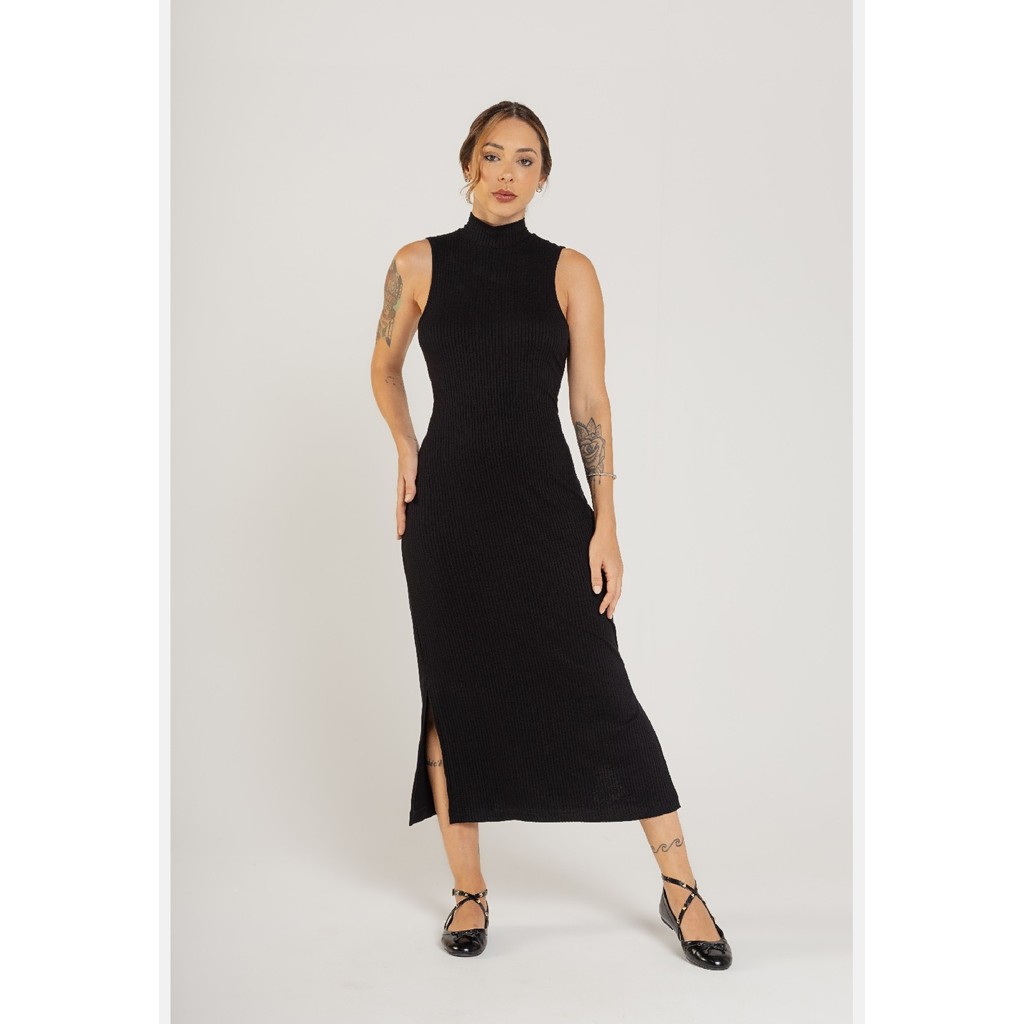 Vestido Longo Gola Alta em Ribana Canelada Just Basic
