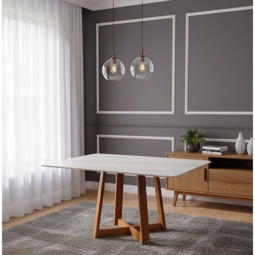 Mesa de Jantar Ibiza 120x80cm Pés em Madeira Maciça Tampo Laqueado com Vidro Branco/Mel em Oferta na Shopee