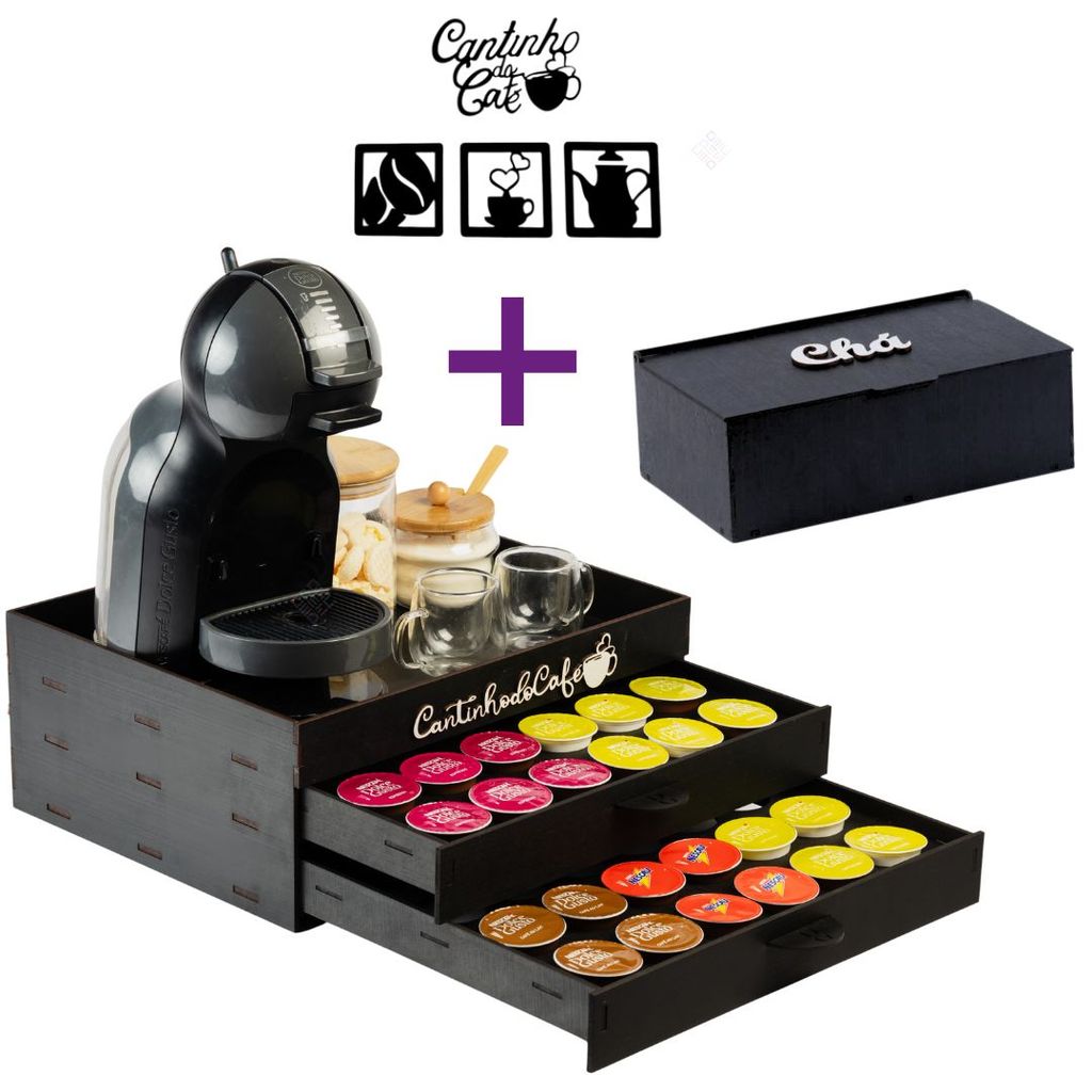 Kit Cantinho do Café MDF com Bandeja Porta 48 Cápsulas e Caixa de Chá Premium Completo Apoio Luxo