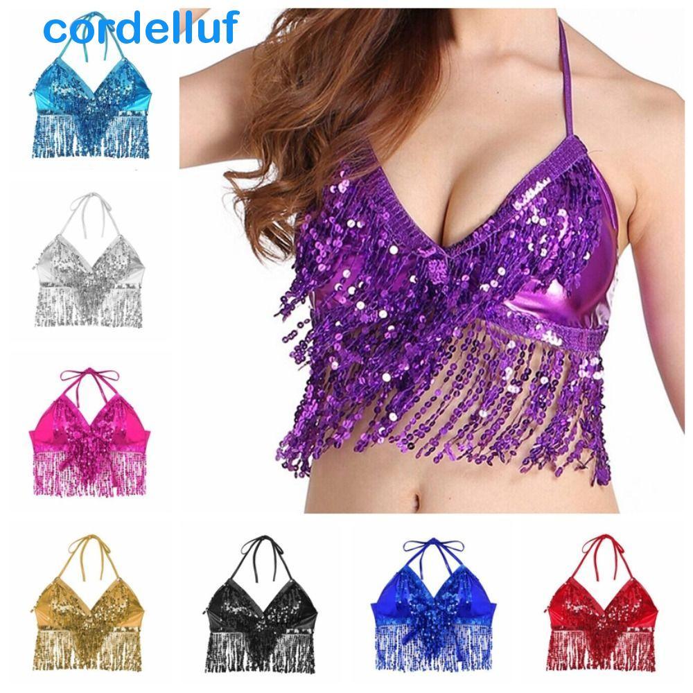 CORDELLUF Sutiã Halter , Top De Dança Do Ventre De Poliéster Com Lantejoulas , Borla Brilhante Meninas Crop Tops Festiva