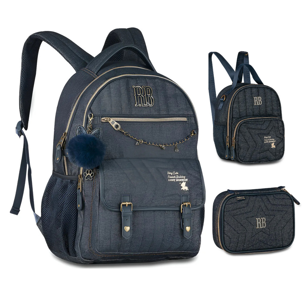 Kit de Mochila Costas,Lancheira e Estojo Rebecca Bonbon Jeans Vintage Denim- Clio Style em Oferta na Shopee