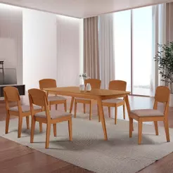 Mesa De Jantar Copper 180cm Tampo Mdf 6 Cadeiras Moderna Linho Capuccino/naturale/naturale