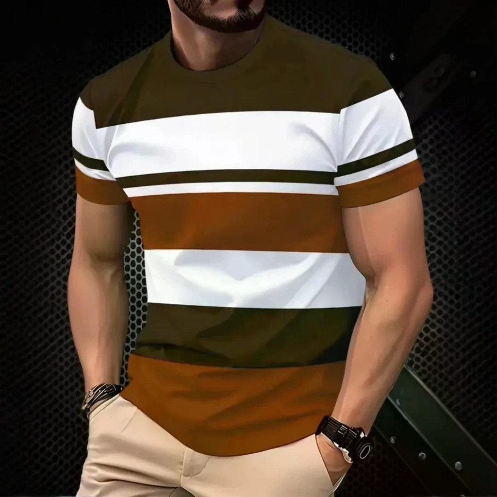 Moda Masculina Camiseta Verão Ao Ar Livre Casual Em Torno Do Pescoço Manga Curta Topo Listrado Impressão Vários Estilos