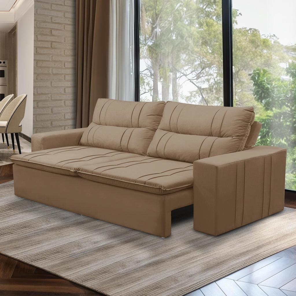 Sofá Retrátil e Reclinável 3 lugares com Molas 2,00m Ester Suede Cappuccino Adonai Estofados