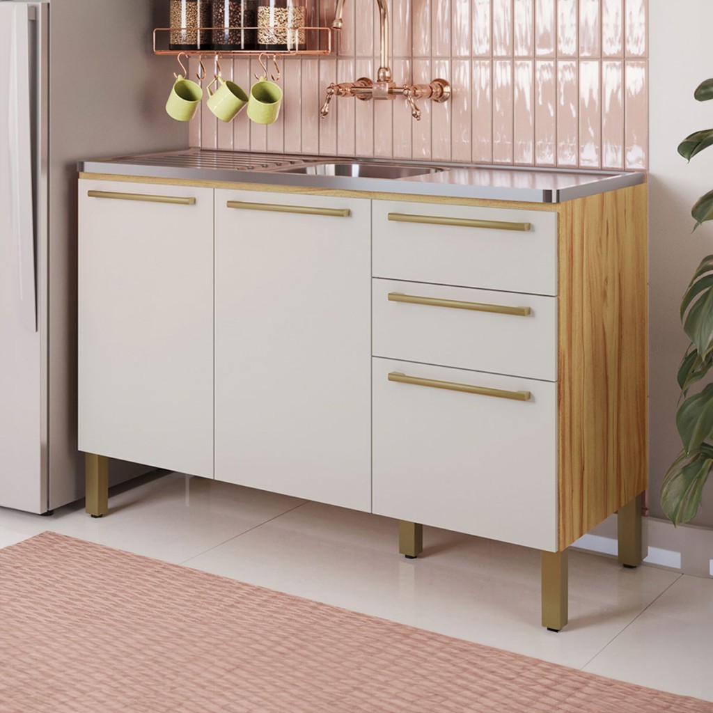 Balcão de Cozinha para Pia 120 Cm Napoli 3 Portas 2 Gavetas 100% Mdf em Oferta na Shopee