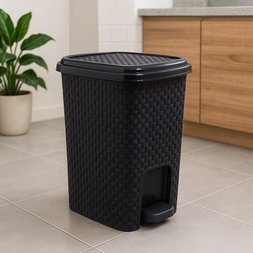 Lixeira 7 Litros Cesto Lixo Tampa Pedal Cozinha Banheiro Escritório Rattan Reforçada Plástico Preta