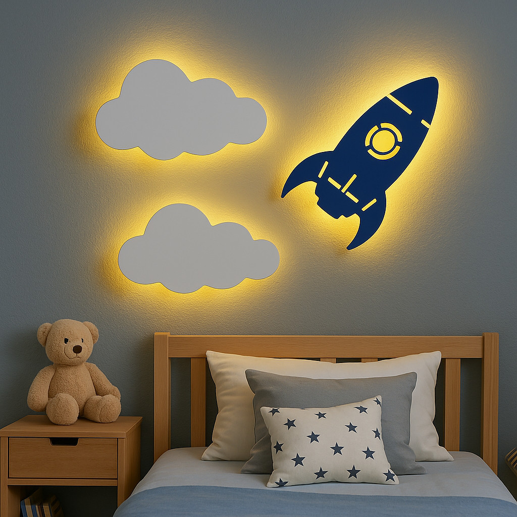Luminária Infantil Abajur Kit Foguete e Nuvem com Led Decoração para Quarto menino