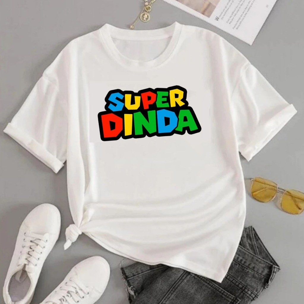 Camiseta Feminina T Shirt Algodão Casual Super Dinda Madrinha Tia Familia Frase Super Mario Bross Game Jogo Old