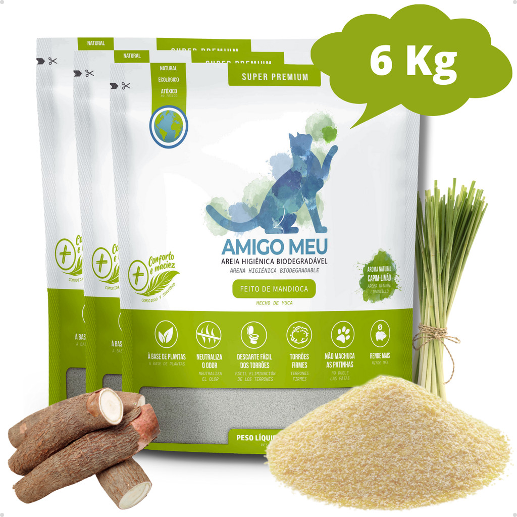 Kit 3 Areia Higiênica Sanitária de Mandioca Biodegradável Natural  Aroma Capim-Limão Amigo Meu 6 kg em Oferta na Shopee