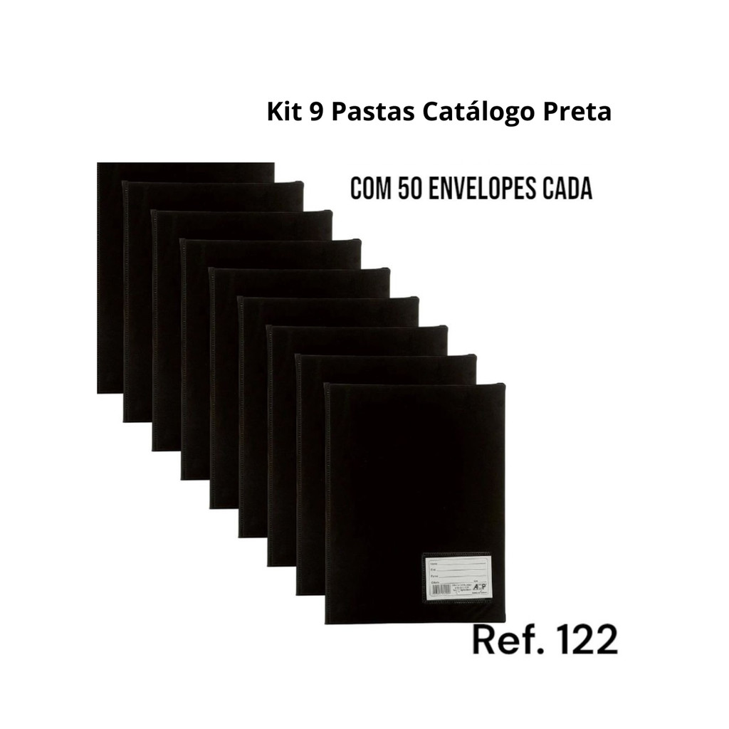 Kit 9 Pastas Catálogo Preta C/50 Envelopes Plásticos Finos Acp