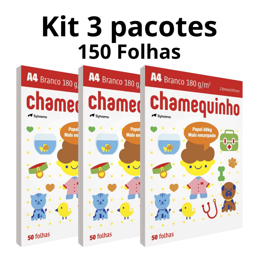 Kit 3 Pacotes Papel Chamequinho Sulfite A4 60Kg 180Gr Branco Chamex 150 Folhas Totais